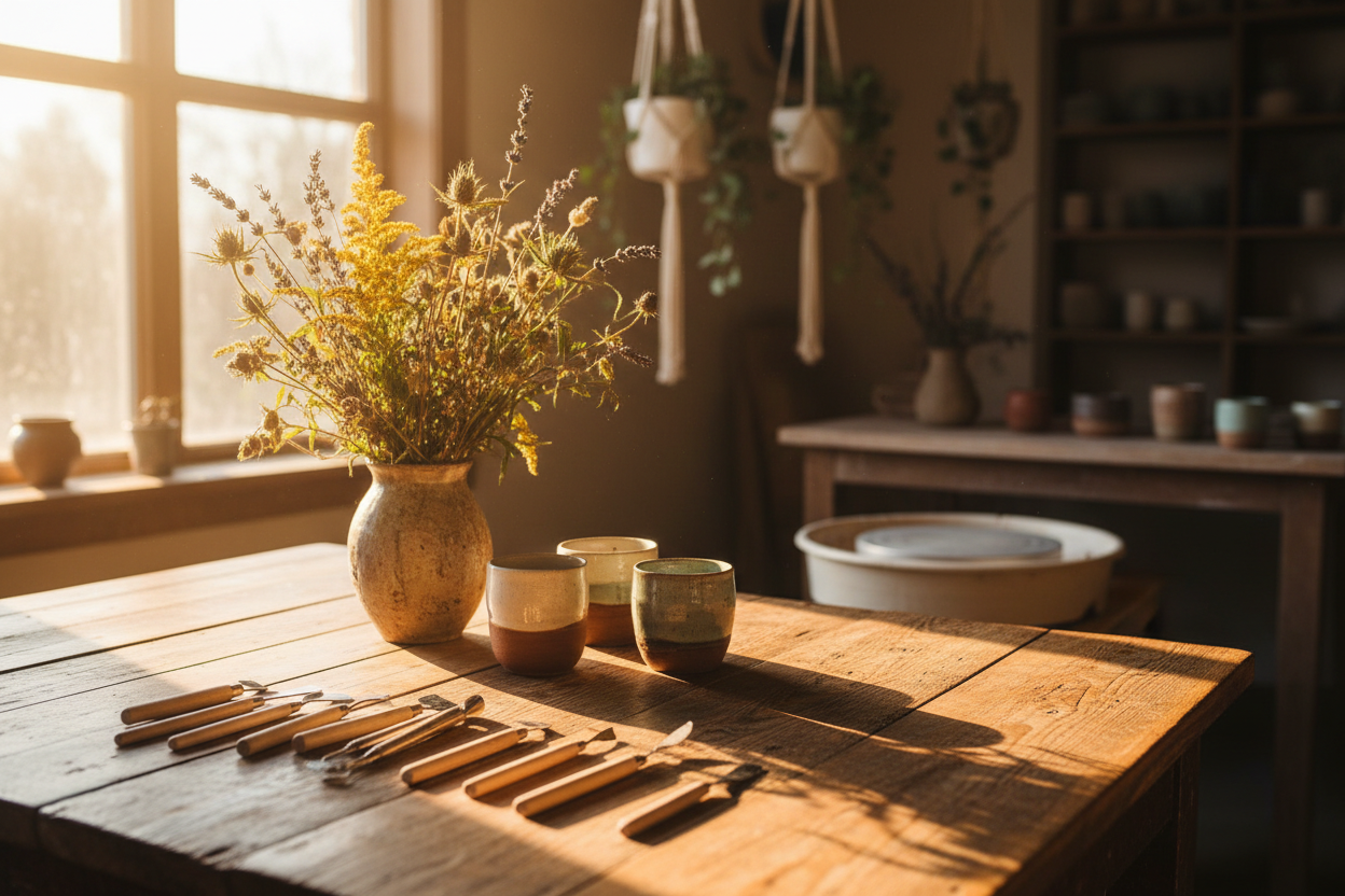 Warmly lit art studio workspace